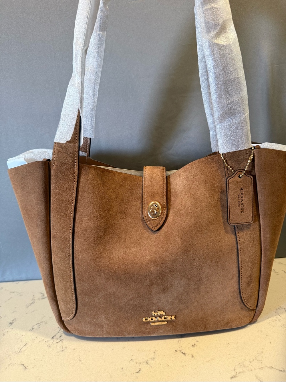 Coach Suede Tote in Rich Chestnut Brown with Gold Hardware